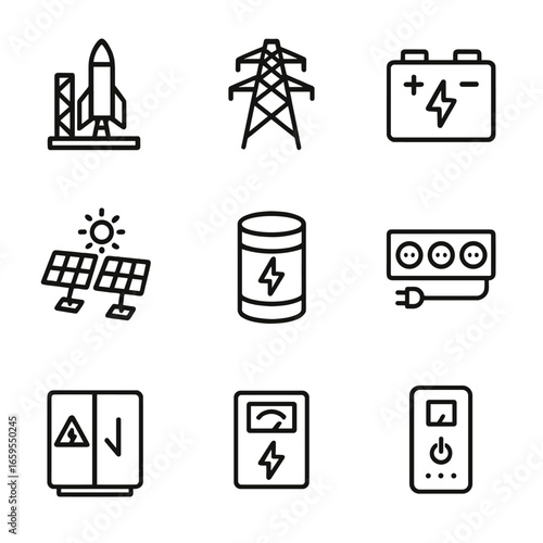 Launch Pad Energy Icons. Outline icon set of launch pad energy systems: backup generator, power grid connection, battery bank,