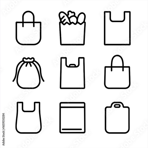 LDPE Bag Icons. Outline icon set of LDPE shopping and retail bags: reusable bag, grocery sack, carry bag, drawstring bag,