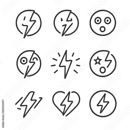 Lightning Emotion Icons. Outline icon set of lightning in emotions: excitement, fear, surprise, shock, thrill, awe, intensity,