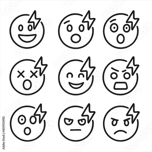 Lightning Emotion Icons. Outline icon set of lightning in emotions: excitement, fear, surprise, shock, thrill, awe, intensity,