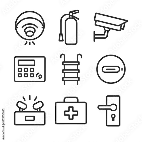 Log House Safety Icons. Outline icon set of log house safety features: smoke detector, fire extinguisher, security camera, alarm