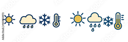 Weather forecast icons for sun, rain, snow, and temperature