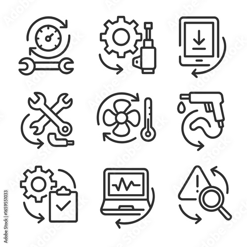 Maintenance Icons Grid. Outline icon set of rotational control maintenance: sensor calibration, actuator inspection, software