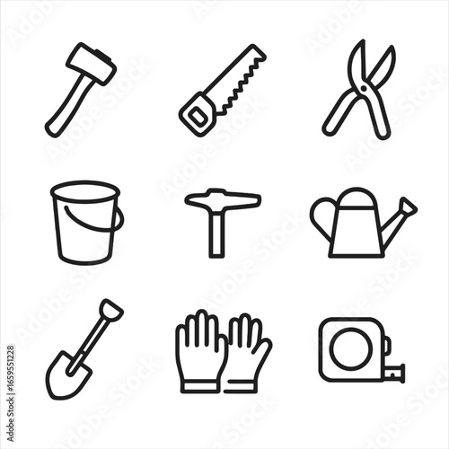 Maple Tree Tools Icons. Outline icon set of maple tree tools: axe, saw, pruning shears, sap bucket, tapping spout, watering can,