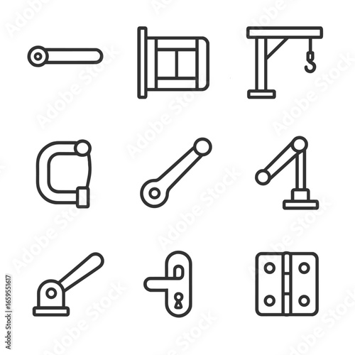 Mechanical Swing Icons. Outline icon set of mechanical swing: swing arm, swing gate, swing crane, swing joint, swing lever, swing