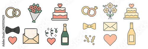 Wedding Celebration Icons Set, Minimalist flat design