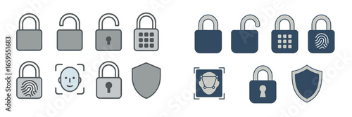 Security Icons: Locks, Shields, and Biometrics, Minimalist flat
