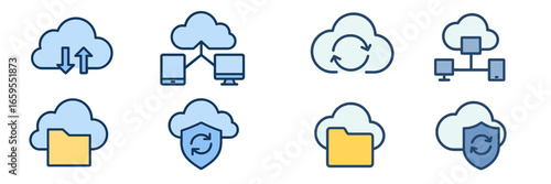 Cloud computing icons for data transfer and security