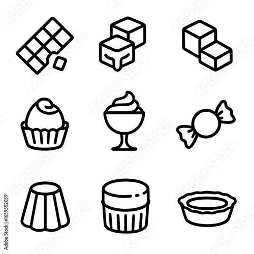 Milky Dessert Icons. Outline icon set of milky desserts and treats: milk chocolate, milk caramel, milk fudge, milk truffle, milk