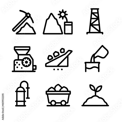 Mining Process Icons. Outline icon set of mining processes: ore extraction, blasting, drilling, crushing, sorting, smelting,