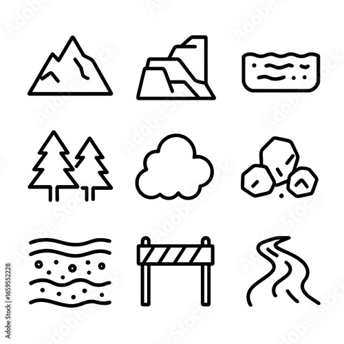 Mining Icon Set. Outline icon set of mining environment: mountain, quarry, tailings pond, river, trees, dust cloud, rocks, soil