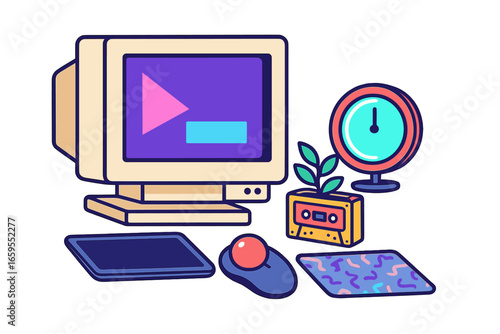 Retro computer setup with vintage technology and plant