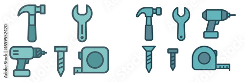 Assorted Hand Tools and Fasteners Collection, Minimalist flat design
