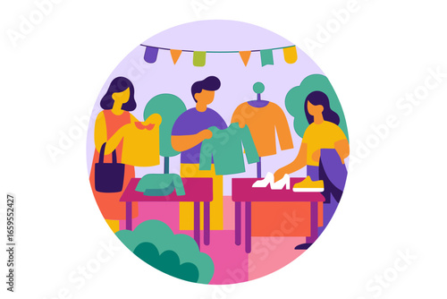 People browsing clothes at outdoor market stalls