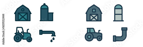Farm Buildings and Tractors with Water Pipes, Minimalist flat design