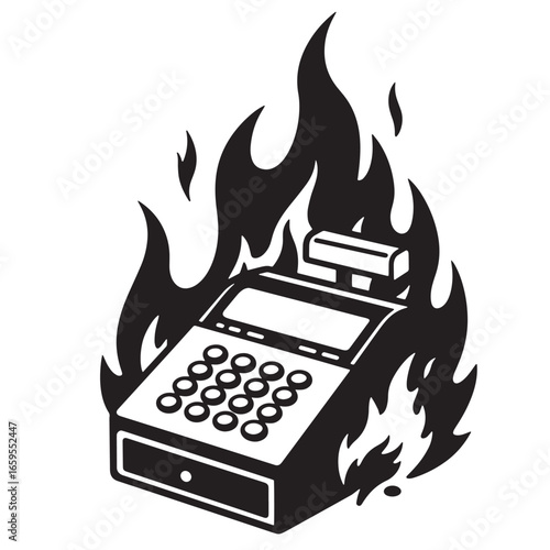 Cash register engulfed in flames representing financial crisis or business problems