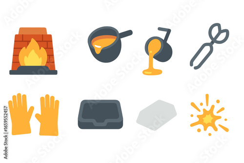 Molten Metal Icons. Flat vector mini-illustrations molten metal process in colors children's illustrations: furnace, crucible,