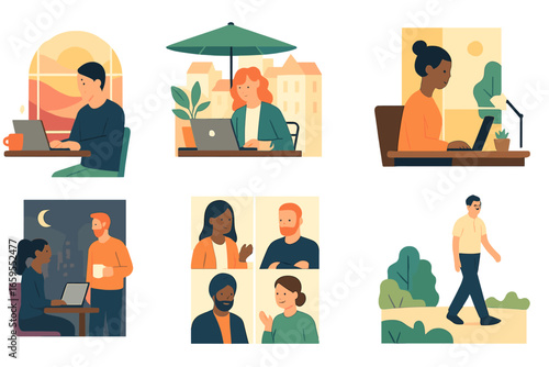 Diverse people communicating and working in various settings