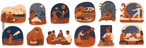 Diverse people enjoying leisure and space exploration activities