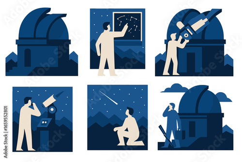 People Observing Night Sky with Telescopes, Minimalist flat design