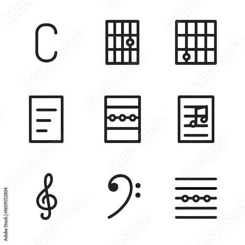 Music Chord Icon Set. Outline icon set of chord in music notation: chord symbols, chord chart, chord diagram, lead sheet, harmony