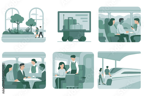 Modern Train Travel with Passengers and Staff, Minimalist flat design