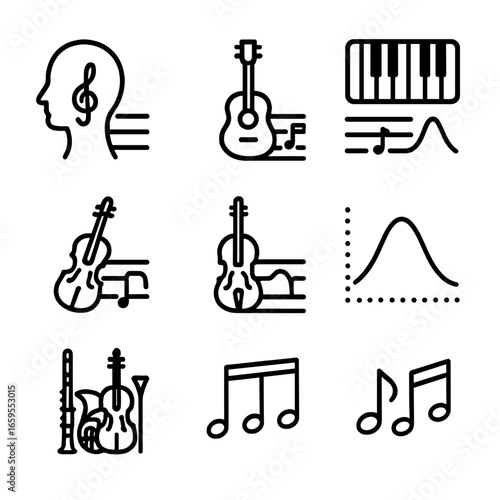 Music Range Icons. Outline icon set of midrange in music: vocal range, guitar range, piano range, violin range, cello range,