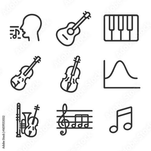 Music Range Icons. Outline icon set of midrange in music: vocal range, guitar range, piano range, violin range, cello range,