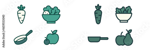 Healthy Food and Cooking Utensil Icons, Minimalist flat design