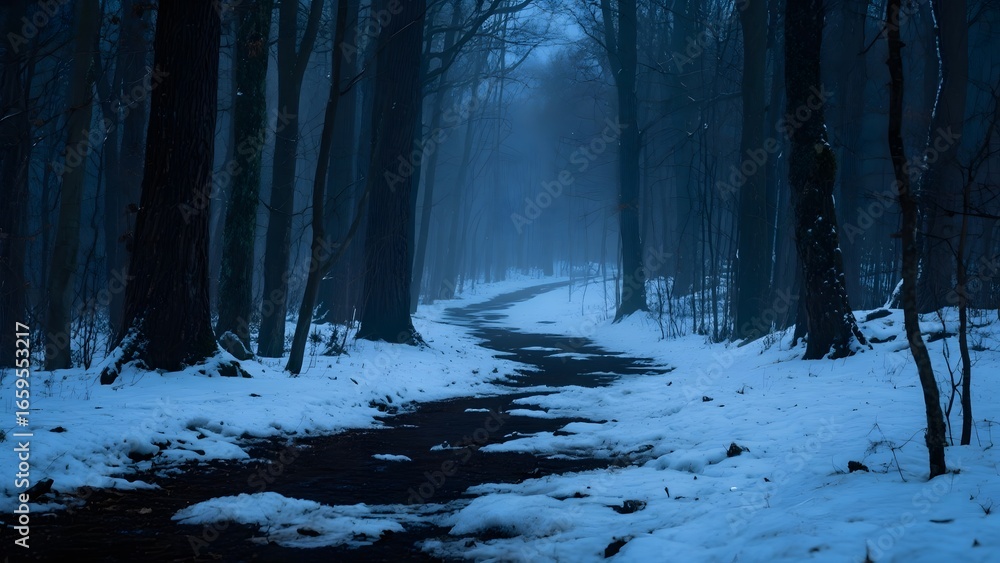 Fototapeta premium Snowy Forest Path at Dusk