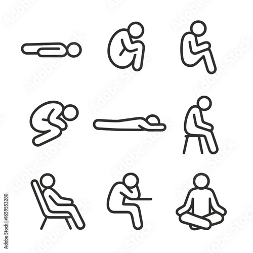 Nap Position Icons. Outline icon set of nap positions: lying down, curled up, side sleeping, fetal position, stretched out, seated