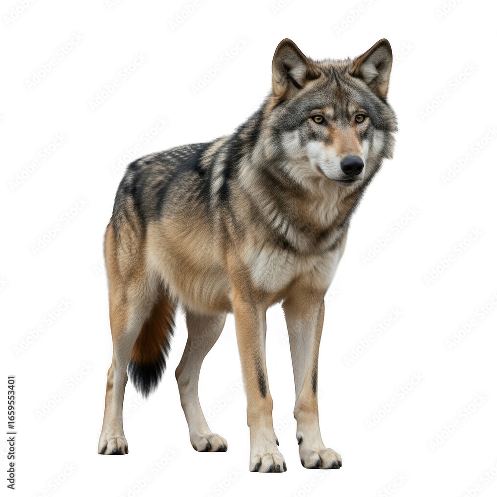 Fototapeta premium A gray wolf stands alert on a transparent background