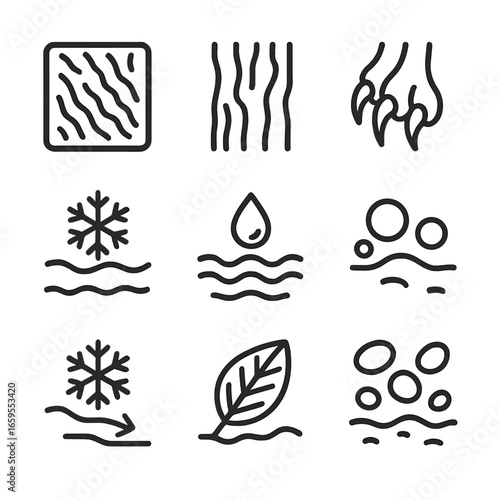 Nature Friction Icons. Outline icon set of friction in nature: sandpaper texture, tree bark, animal claws, snow friction, water