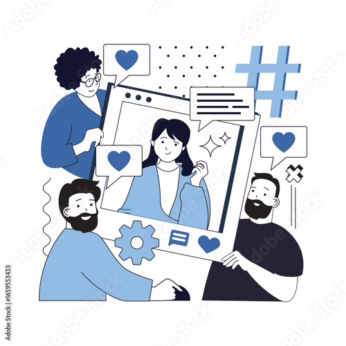 Social media influencer concept for modern web design. People following favorite blogger, likes new posts with photo and advertising, sharing links online and commenting blog. Vector illustration.