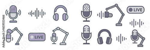 Podcast Equipment and Audio Waveforms, Minimalist flat design