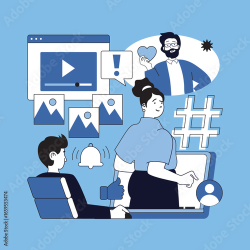 Social media influencer concept for modern web design. People watching live broadcasting, following favorite blogger, likes new posts, sharing links online and commenting blog. Vector illustration.