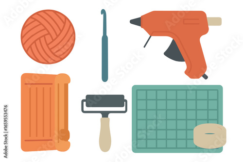 Crafting Supplies Assortment with Hot Glue Gun and Yarn
