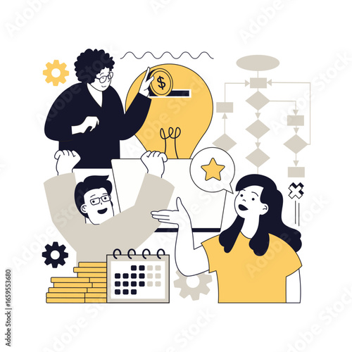 Startup concept for modern web design. People launching new business, planning strategy and project vision, setting goals, developing company with motivation, team work together. Vector illustration.