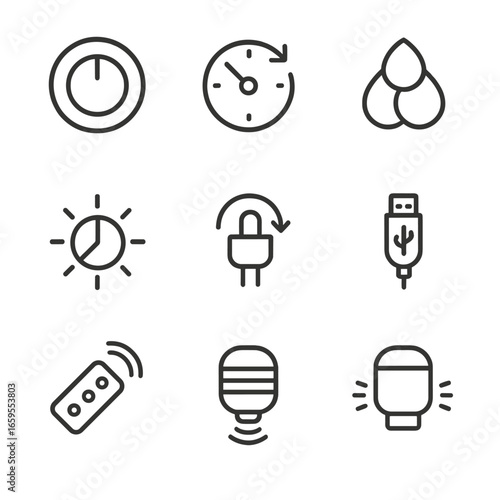 Night Light Icons. Outline icon set of night light features: dimmer switch, timer, color changing, brightness control, automatic