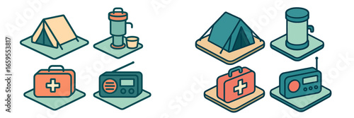 Camping Gear Icons Set, Minimalist flat design, isolated on white