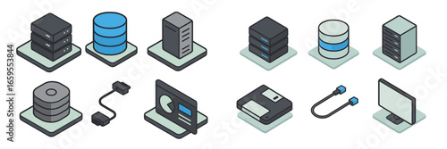 Computer Hardware and Data Storage Icons, Minimalist flat design