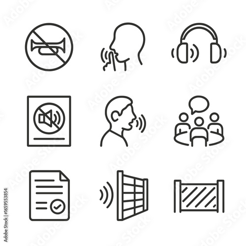Noise Awareness Icons. Outline icon set of public awareness and prevention: no horn sign, quiet zone, ear protection, anti-noise