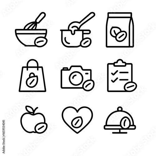 Nutty Lifestyle Icons. Outline icon set of nutty lifestyles and uses: baking, cooking, snacking, gifting, food photography,