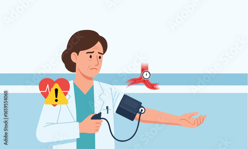 Illustration Of Doctor Monitoring Hypertension Suitable For Medical Education, Clinical Posters, And Awareness Campaigns