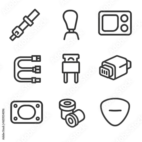 Nylon Parts Icons. Outline icon set of nylon automotive parts: seat belt, gear knob, dashboard trim, wiring harness, fuse holder,