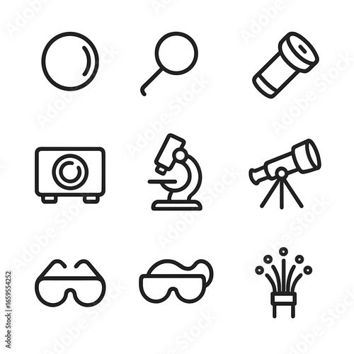 Optical Lens Icons. Outline icon set of acrylic lenses and optics: eyeglass lens, magnifying glass, camera lens, flashlight lens,