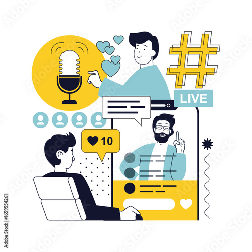 Video podcast concept for modern web design. People creating audio interviews and talk streaming, followers listen podcast and watching online show, likes and following speakers. Vector illustration.