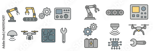 Industrial Automation and Technology Icons, Minimalist flat design
