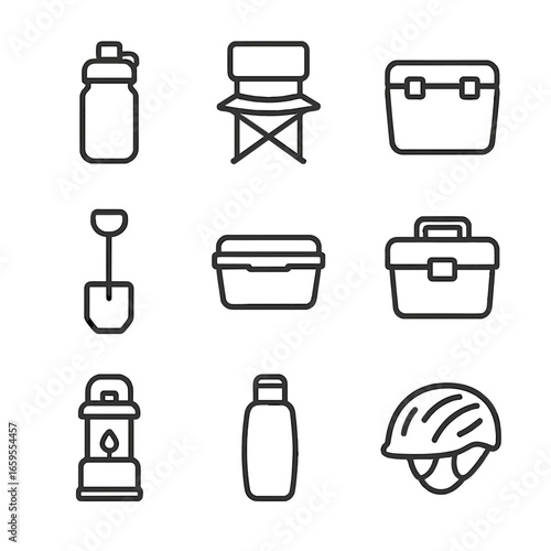 Outdoor Gear Icons. Outline icon set of hard plastic outdoor gear: water bottle, camping chair, cooler box, plastic shovel, picnic