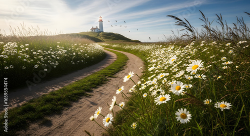Picturesque Lighthouse with White Daisies Along a Dirt Path